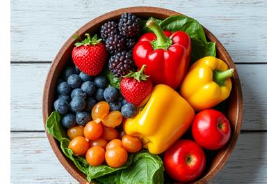 Una variedad de frutas y verduras frescas en un tazón