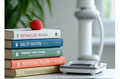 Pila de libros y una báscula, representando el metabolismo y mitos