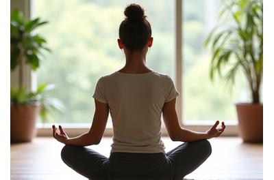 Persona sentada en posición de loto meditando en un entorno sereno